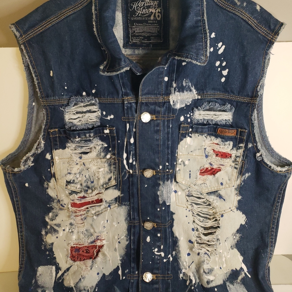 The Heritage by America 76 Mens Deconstructed Denim Vest Button Biker Sz 2XL